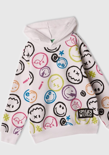  Erkek Çocuk Beyaz Tamamı Baskılı Kapüşonlu  Sweatshirt