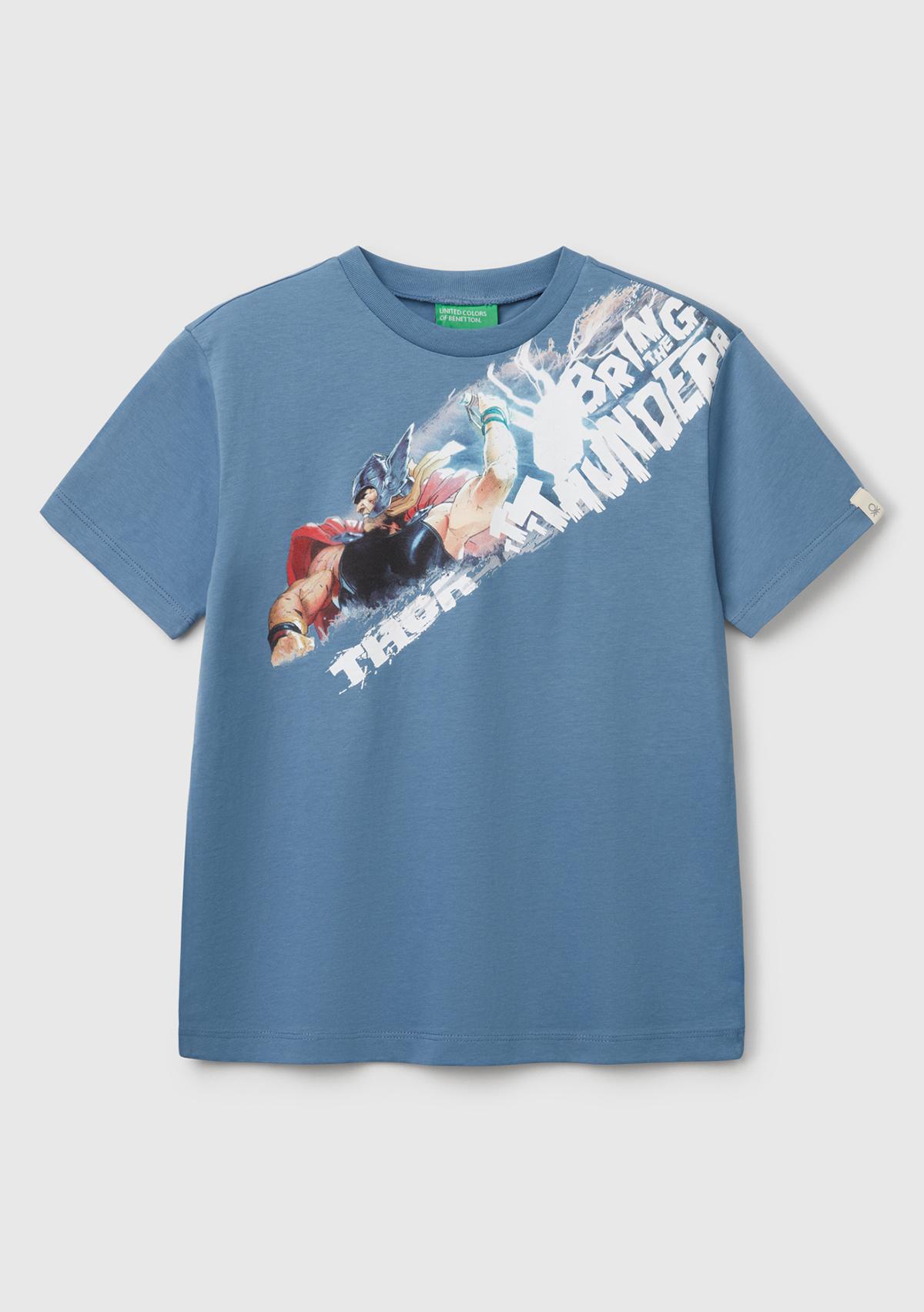  Erkek Çocuk Havacı Mavi Marvel Kahraman Baskılı Logo Etiketli T-Shirt