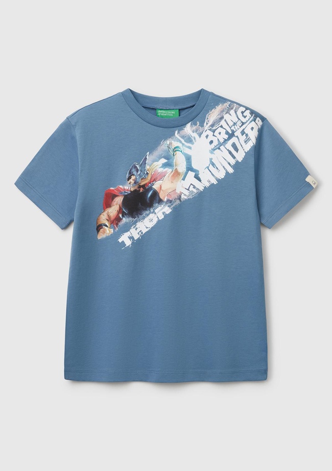  Erkek Çocuk Havacı Mavi Marvel Kahraman Baskılı Logo Etiketli T-Shirt