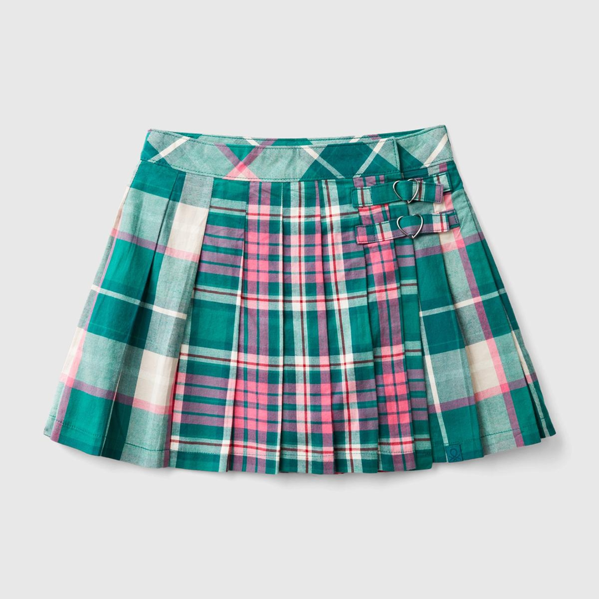 Kız Çocuk Yeşil Mix Tamamı Desenli Toka Detaylı Pileli Anvelop Etek