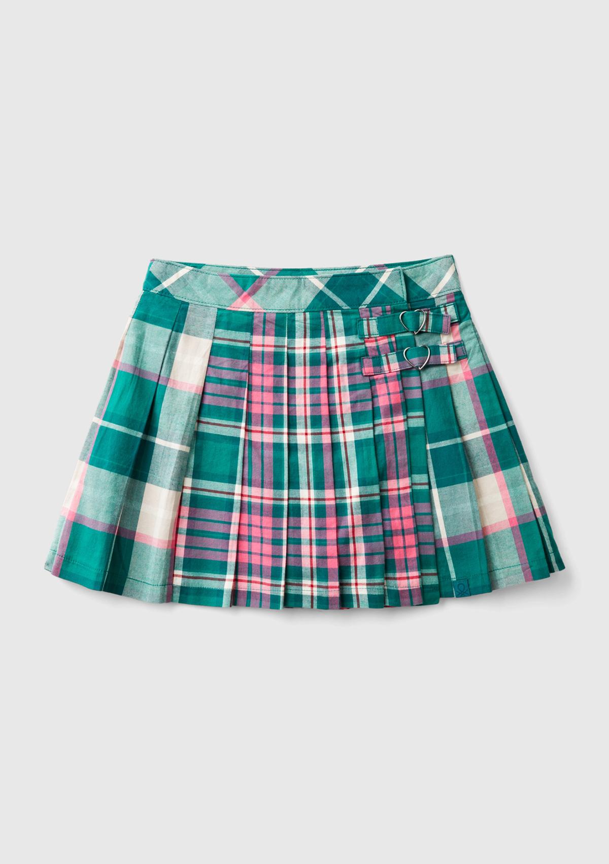  Kız Çocuk Yeşil Mix Tamamı Desenli Toka Detaylı Pileli Anvelop Etek