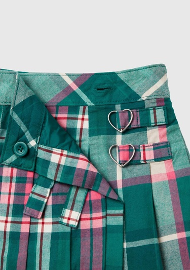  Kız Çocuk Yeşil Mix Tamamı Desenli Toka Detaylı Pileli Anvelop Etek