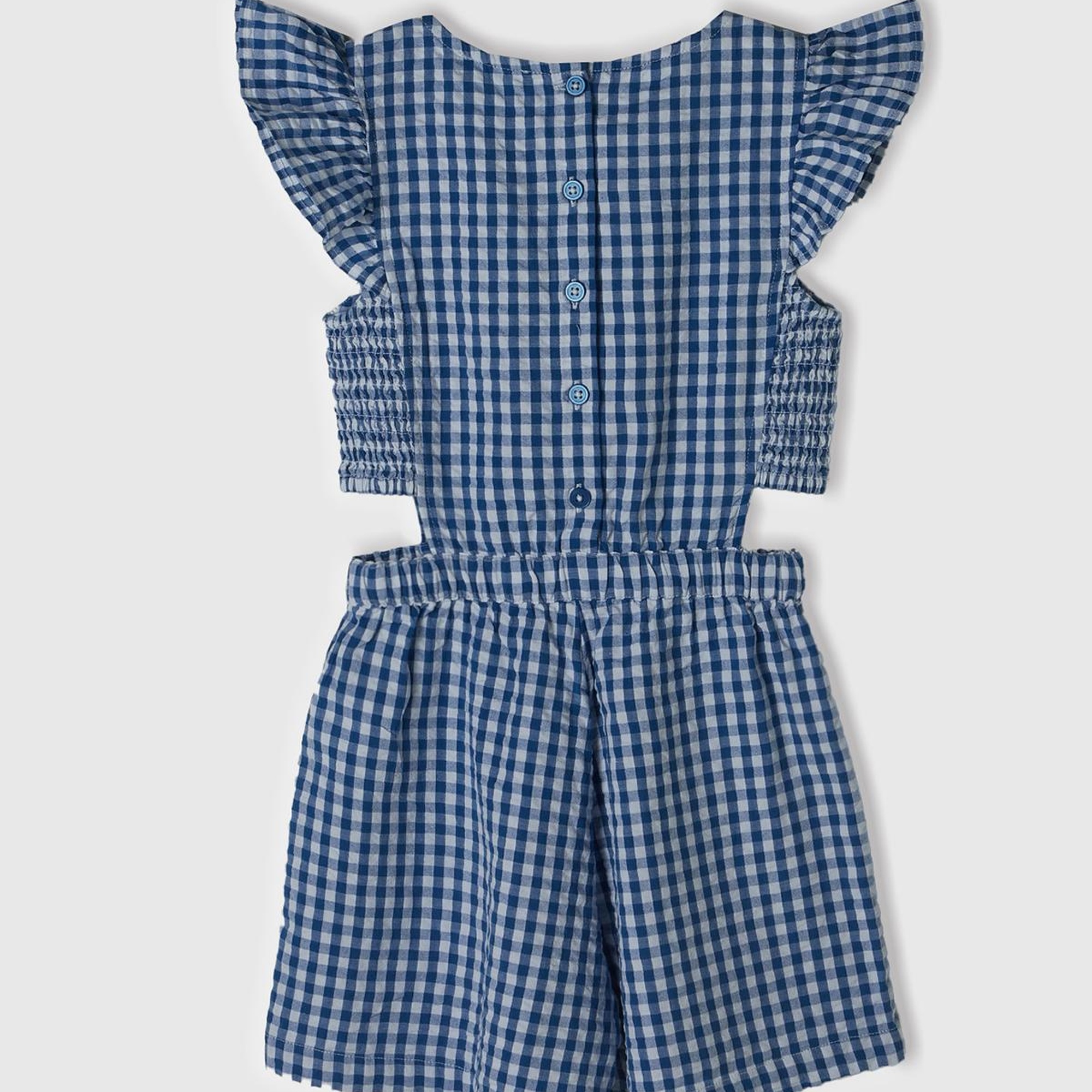 Kız Çocuk Açık Denim Tamamı Desenli Yanları Kesik Detaylı Kısa Tulum