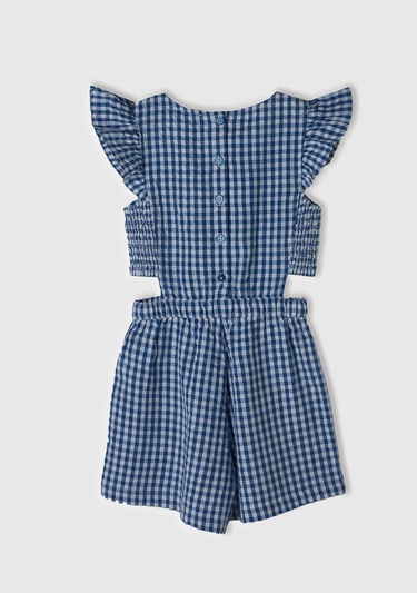  Kız Çocuk Açık Denim Tamamı Desenli Yanları Kesik Detaylı Kısa Tulum