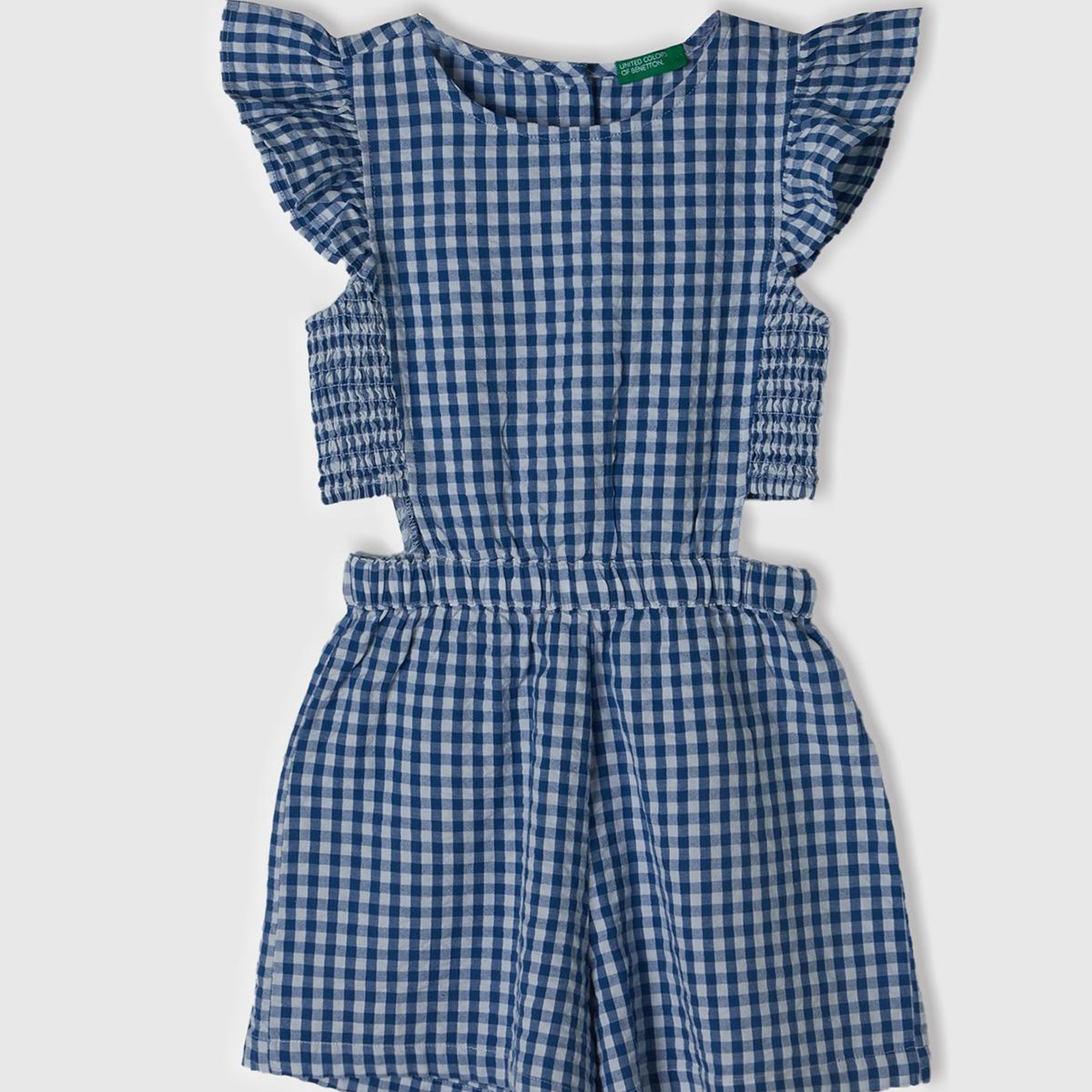 Kız Çocuk Açık Denim Tamamı Desenli Yanları Kesik Detaylı Kısa Tulum