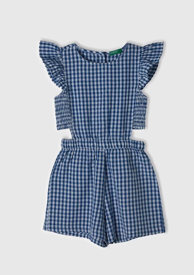  Kız Çocuk Açık Denim Tamamı Desenli Yanları Kesik Detaylı Kısa Tulum