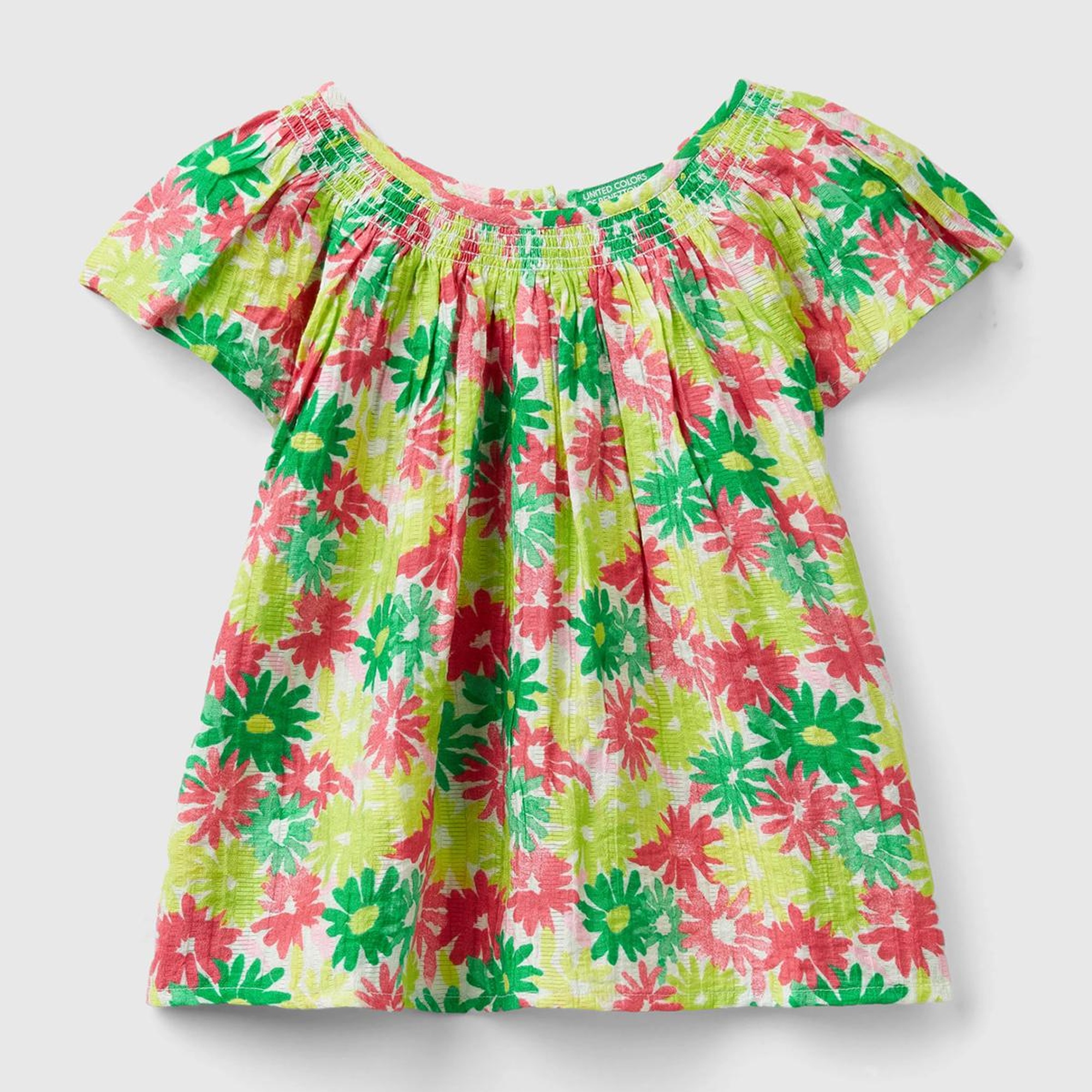 Kız Çocuk Yeşil- Pembe Tamamı Çiçek Baskılı Arkası Düğmeli Bisiklet Yaka Bluz