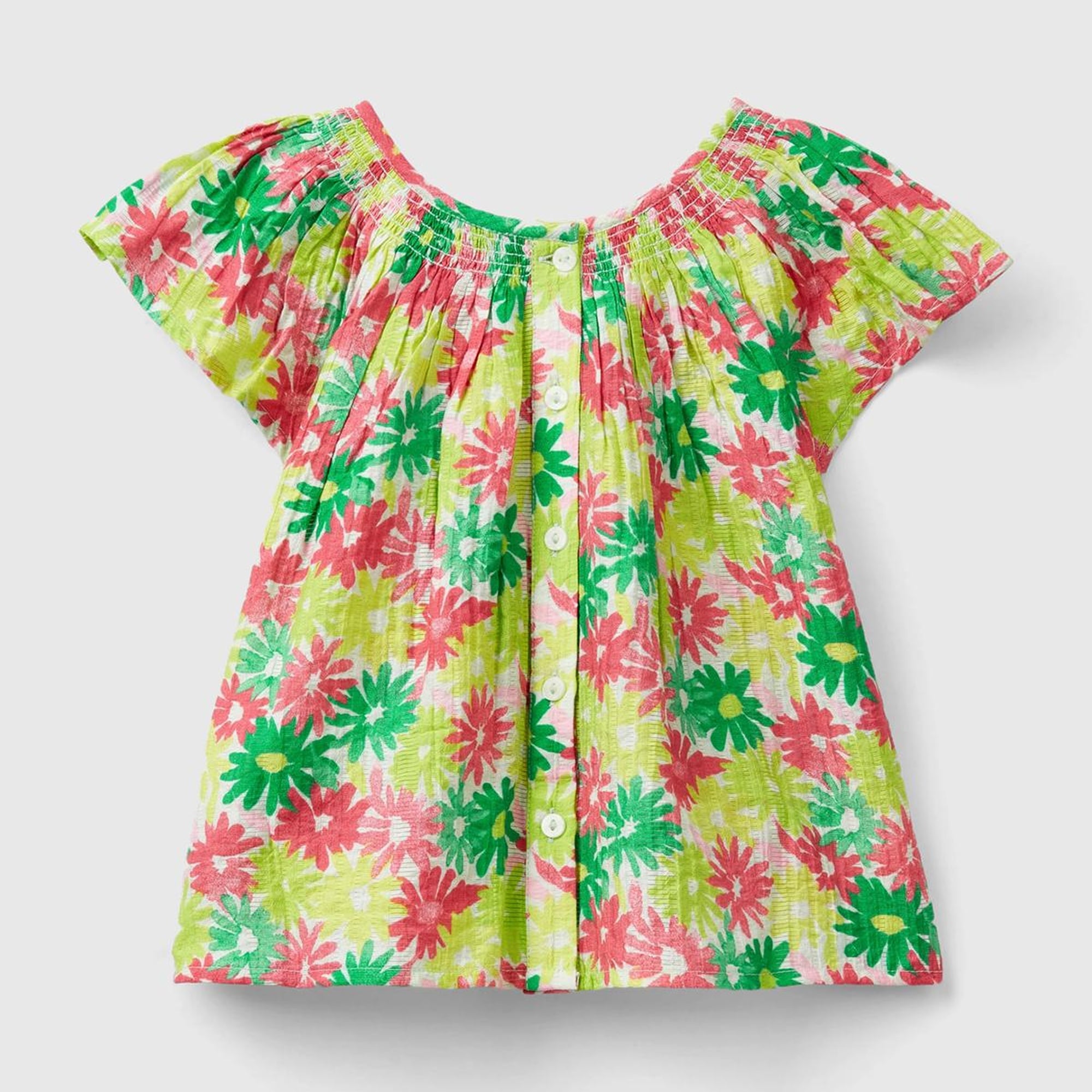 Kız Çocuk Yeşil- Pembe Tamamı Çiçek Baskılı Arkası Düğmeli Bisiklet Yaka Bluz