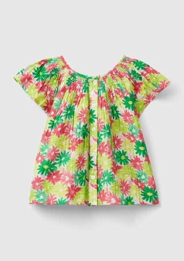  Kız Çocuk Yeşil- Pembe Tamamı Çiçek Baskılı Arkası Düğmeli Bisiklet Yaka Bluz