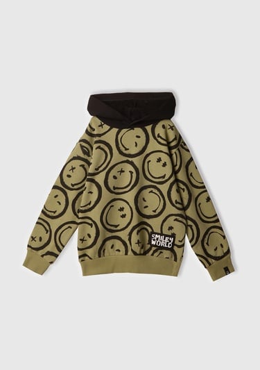  Erkek Çocuk Haki Tamamı Baskılı Kapüşonlu  Sweatshirt