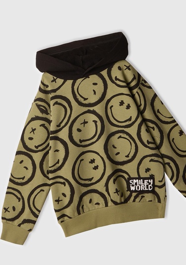  Erkek Çocuk Haki Tamamı Baskılı Kapüşonlu  Sweatshirt