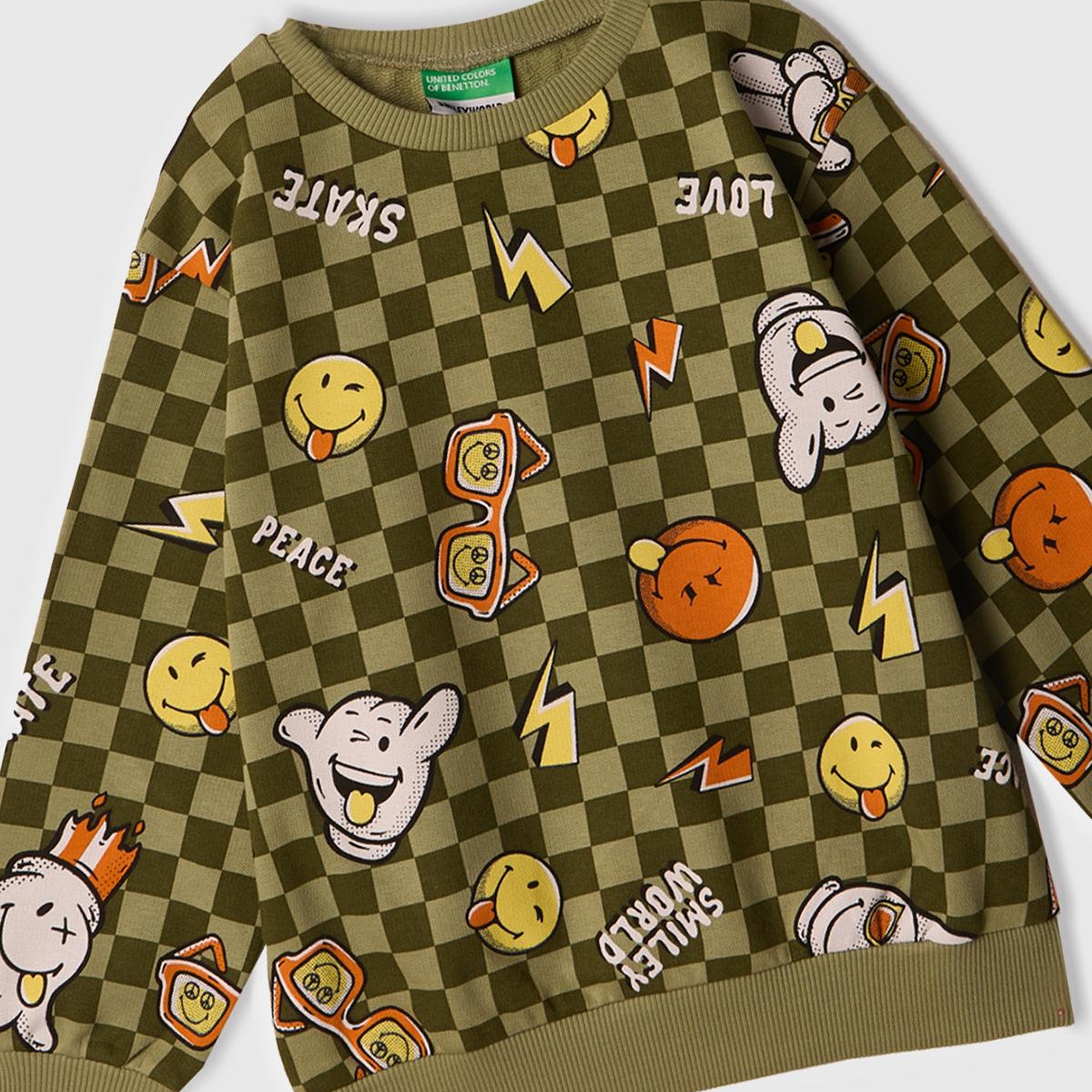 Erkek Çocuk Haki Tamamı Baskılı Logo Etiketli Bisiklet Yaka Sweatshirt