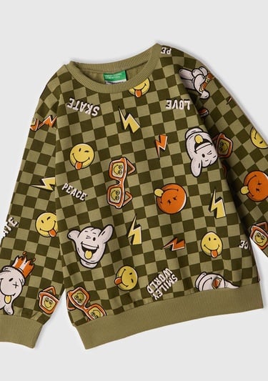  Erkek Çocuk Haki Tamamı Baskılı Logo Etiketli Bisiklet Yaka Sweatshirt