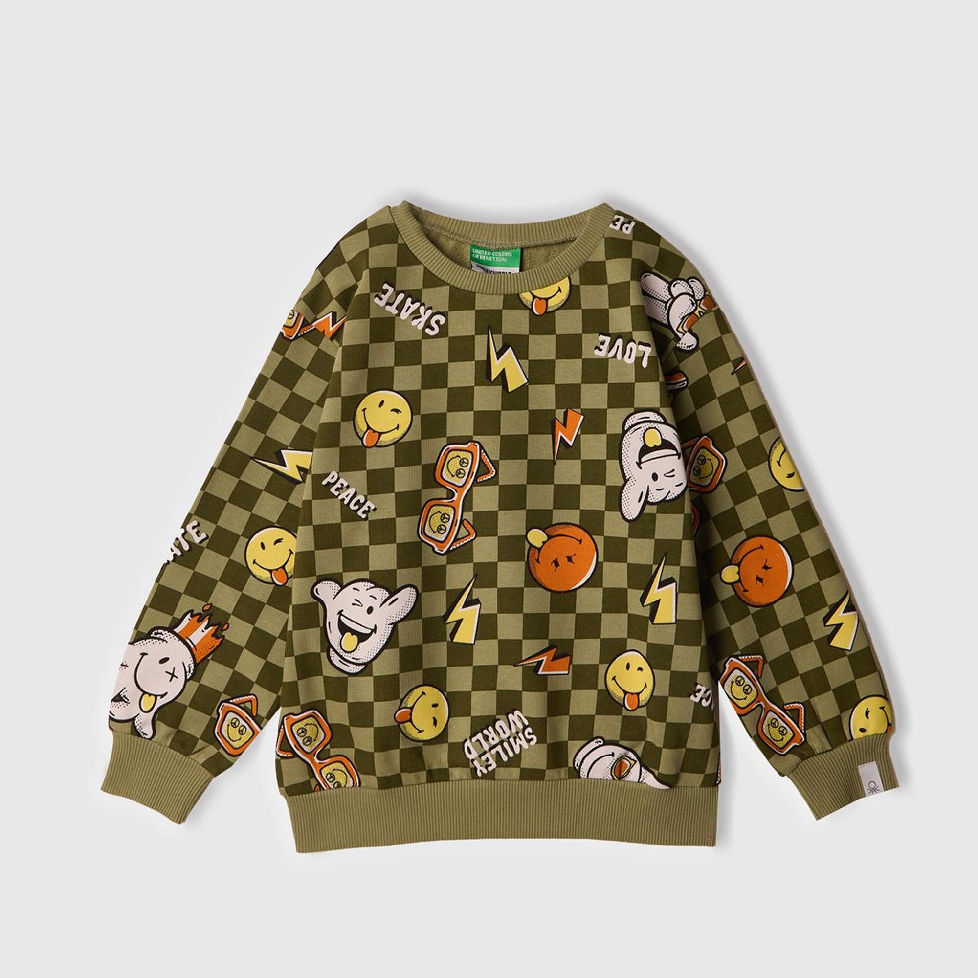 Erkek Çocuk Haki Tamamı Baskılı Logo Etiketli Bisiklet Yaka Sweatshirt