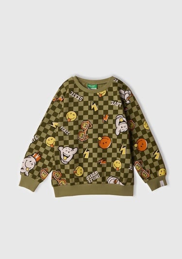  Erkek Çocuk Haki Tamamı Baskılı Logo Etiketli Bisiklet Yaka Sweatshirt