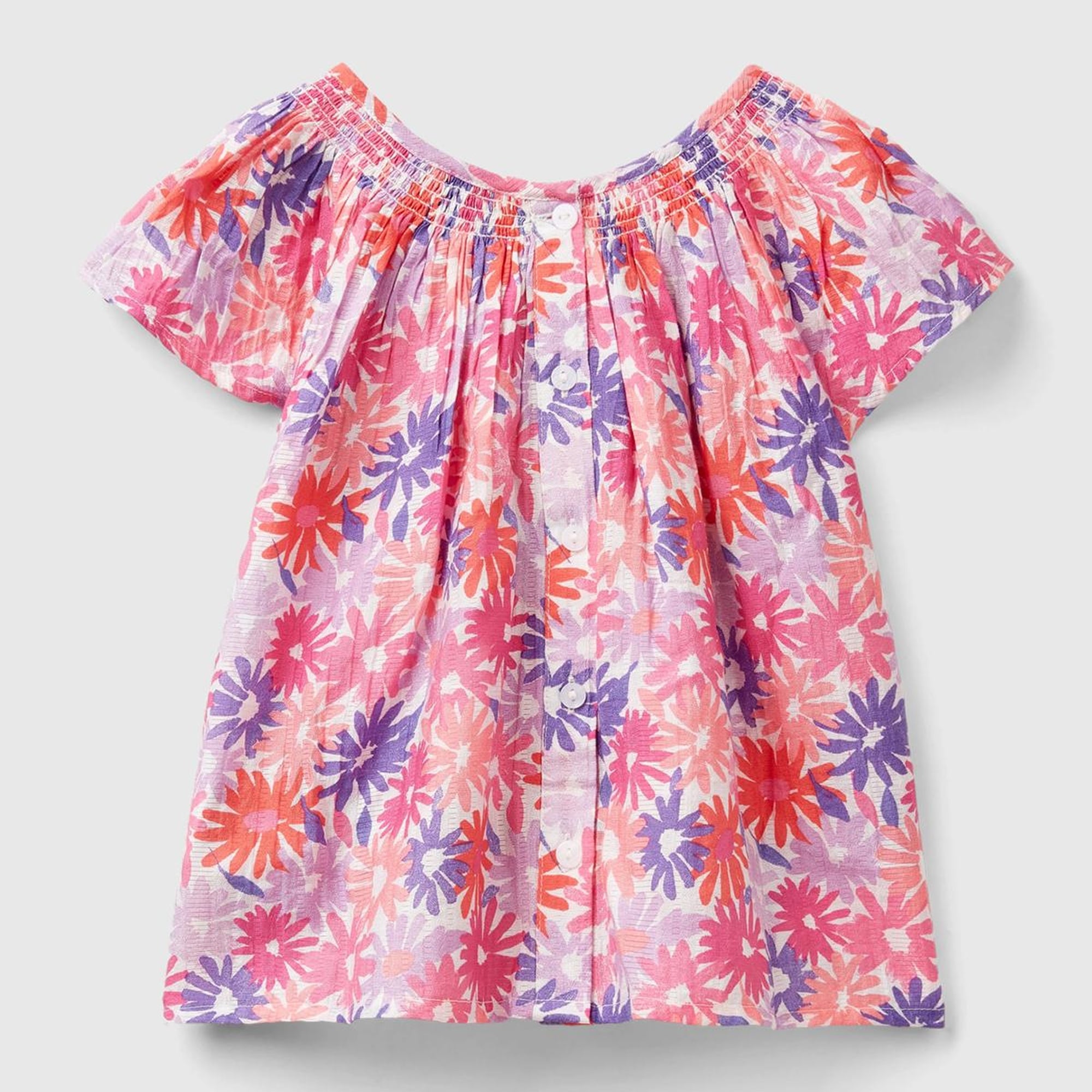 Kız Çocuk Pembe Mix Tamamı Çiçek Baskılı Arkası Düğmeli Bisiklet Yaka Bluz