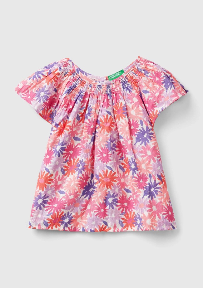  Kız Çocuk Pembe Mix Tamamı Çiçek Baskılı Arkası Düğmeli Bisiklet Yaka Bluz