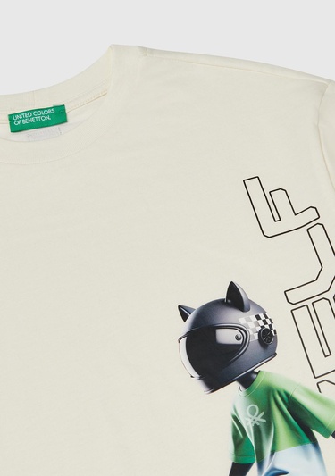  Erkek Çocuk Ekru Baskılı Arkası Logo Etiketli T-Shirt