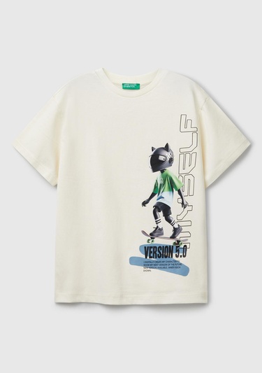  Erkek Çocuk Ekru Baskılı Arkası Logo Etiketli T-Shirt