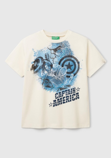  Erkek Çocuk Ekru Marvel Kahraman Baskılı Logo Etiketli T-Shirt