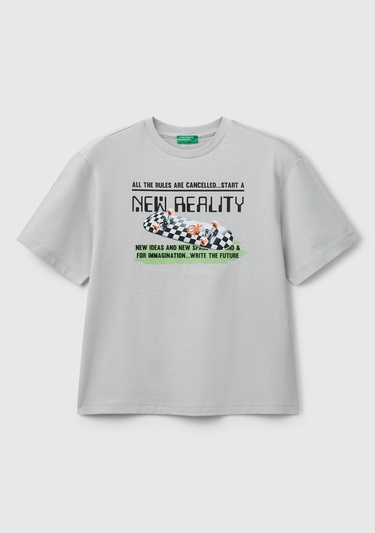  Erkek Çocuk Gri Melanj Baskılı Arkası Logo Etiketli T-Shirt