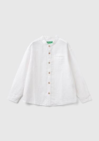  Erkek Çocuk Beyaz Keten Karışımlı Cebi Biyeli Hakim Yaka Katlanan Kollu Gömlek