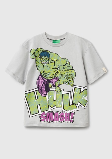  Erkek Çocuk Gri Melanj Marvel Kahraman Baskılı Logo Etiketli T-Shirt