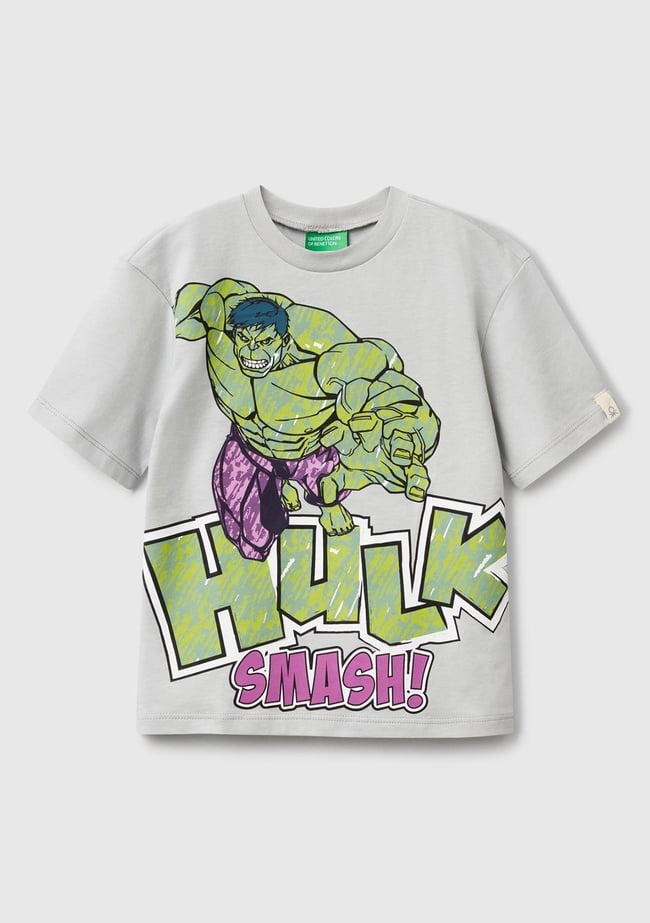  Erkek Çocuk Gri Melanj Marvel Kahraman Baskılı Logo Etiketli T-Shirt