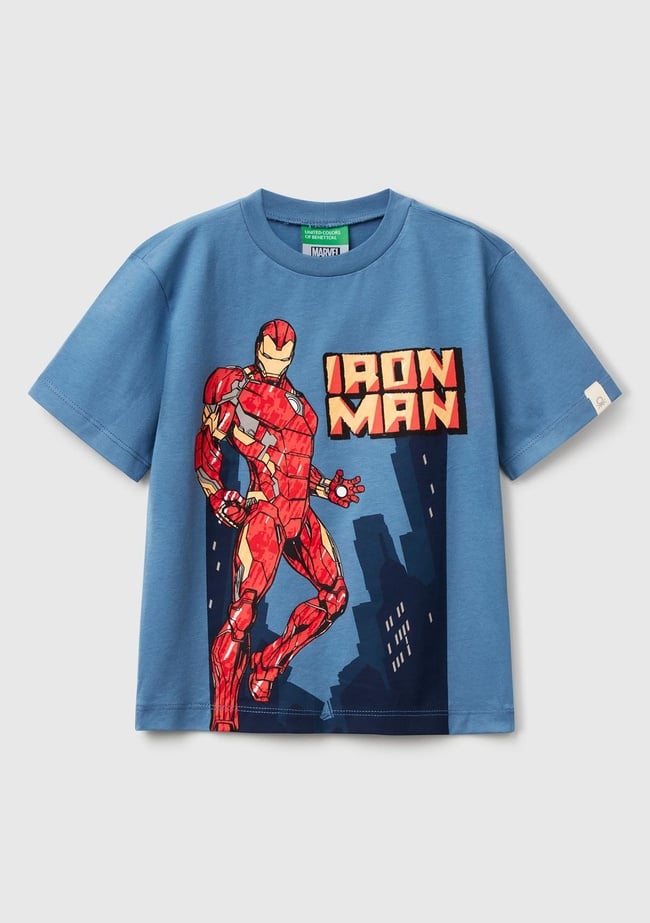  Erkek Çocuk Havacı Mavi Marvel Kahraman Baskılı Logo Etiketli T-Shirt