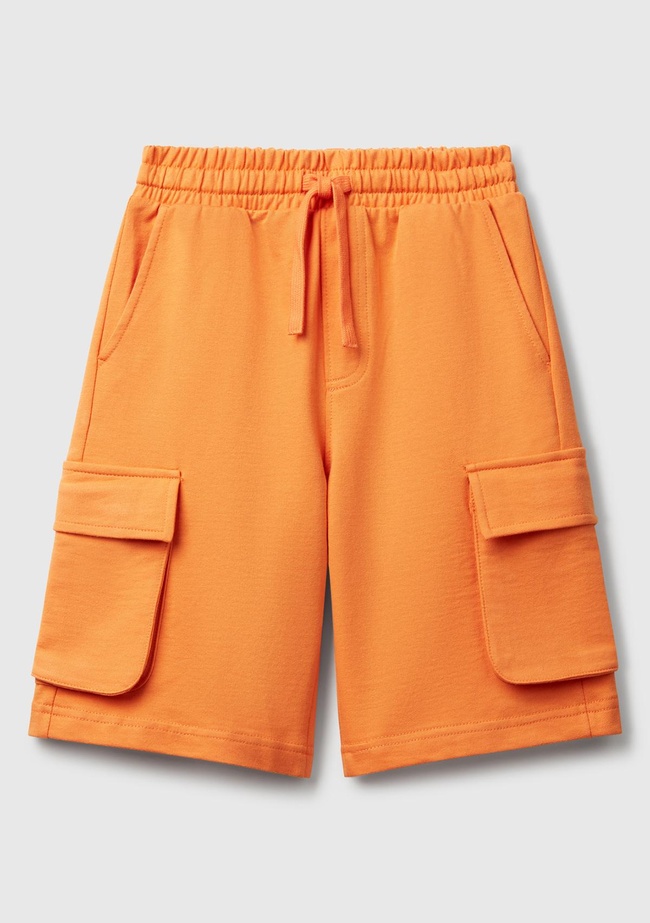  Erkek Çocuk Turuncu Beli Lastikli Logo Baskılı Yama Cepli Bermuda Şort