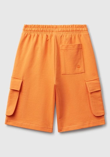  Erkek Çocuk Turuncu Beli Lastikli Logo Baskılı Yama Cepli Bermuda Şort