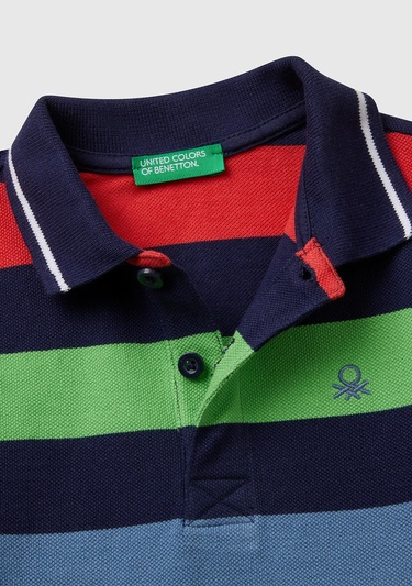  Erkek Çocuk Koyu Renkli Mix Çizgili Logo İşlemeli Polo T-Shirt