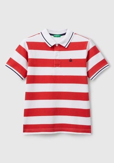  Erkek Çocuk Kırmızı Mix Çizgili Logo İşlemeli Polo T-Shirt