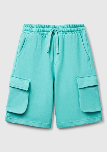  Erkek Çocuk Mint Yeşili Beli Lastikli Logo Baskılı Yama Cepli Bermuda Şort