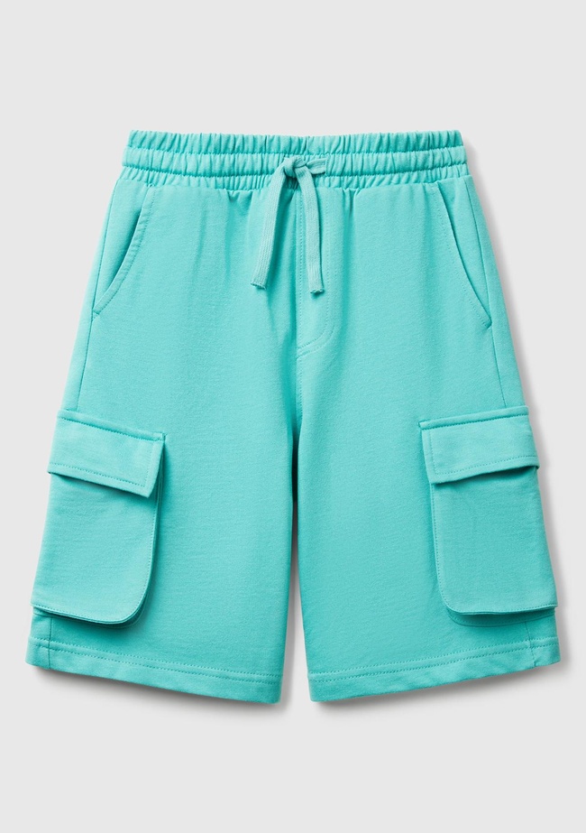  Erkek Çocuk Mint Yeşili Beli Lastikli Logo Baskılı Yama Cepli Bermuda Şort