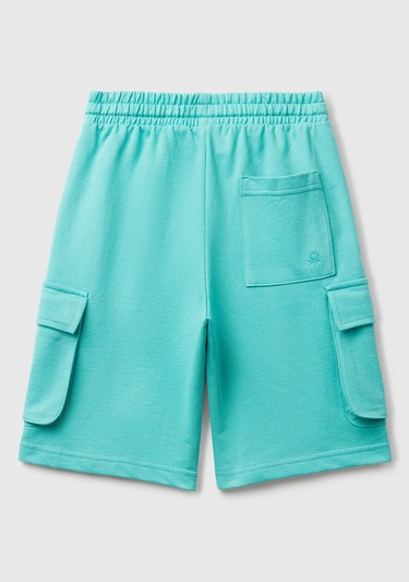  Erkek Çocuk Mint Yeşili Beli Lastikli Logo Baskılı Yama Cepli Bermuda Şort
