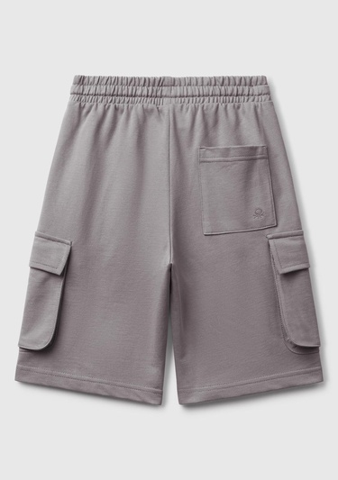  Erkek Çocuk Antrasit Beli Lastikli Logo Baskılı Yama Cepli Bermuda Şort