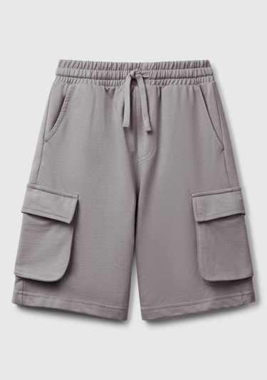  Erkek Çocuk Antrasit Beli Lastikli Logo Baskılı Yama Cepli Bermuda Şort