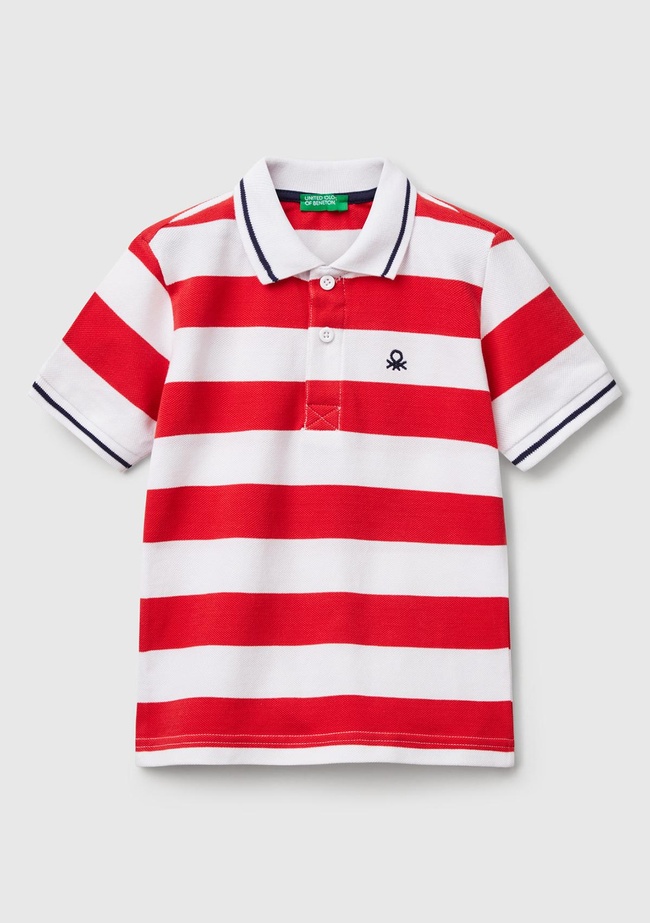  Erkek Çocuk Kırmızı Çizgili Logo İşlemeli Polo T-Shirt