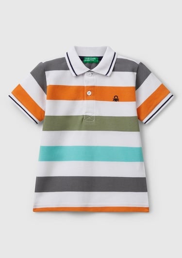  Erkek Çocuk Turuncu Mix Çizgili Logo İşlemeli Polo T-Shirt