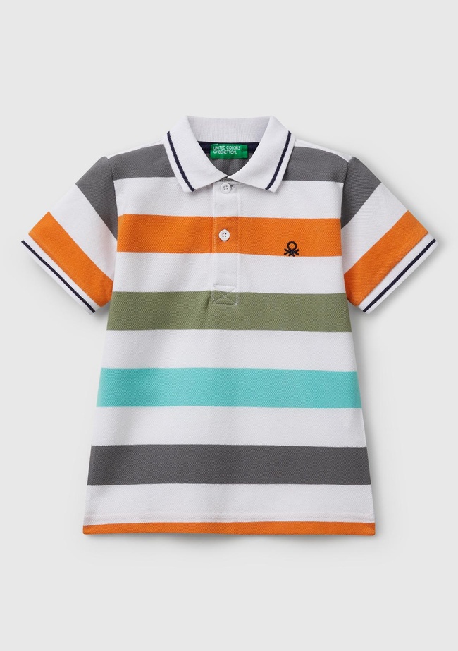  Erkek Çocuk Turuncu Mix Çizgili Logo İşlemeli Polo T-Shirt