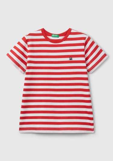  Erkek Çocuk Kırmızı Çizgili Önü Logo İşlemeli T-Shirt