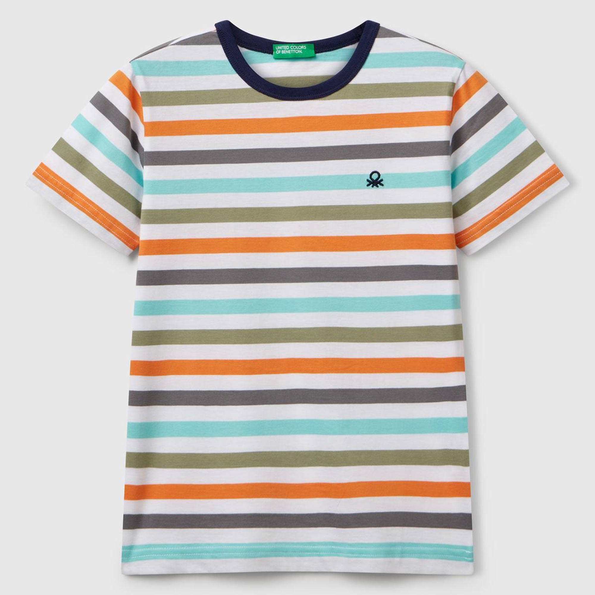 Erkek Çocuk Turkuaz Mix Çizgili Önü Logo İşlemeli T-Shirt