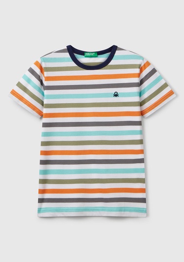  Erkek Çocuk Turkuaz Mix Çizgili Önü Logo İşlemeli T-Shirt