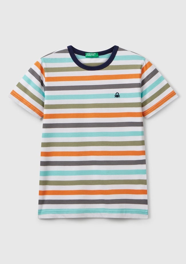  Erkek Çocuk Turkuaz Mix Çizgili Önü Logo İşlemeli T-Shirt