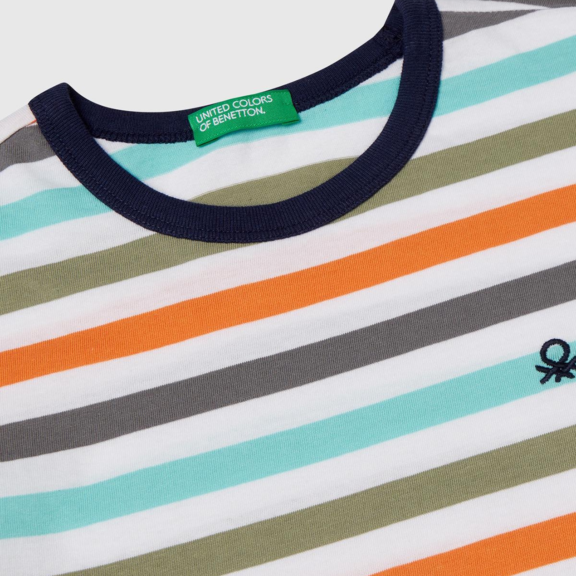 Erkek Çocuk Turkuaz Mix Çizgili Önü Logo İşlemeli T-Shirt