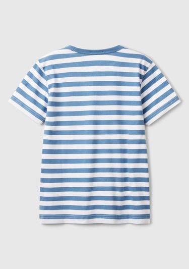  Erkek Çocuk Mavi Çizgili Önü Logo İşlemeli T-Shirt