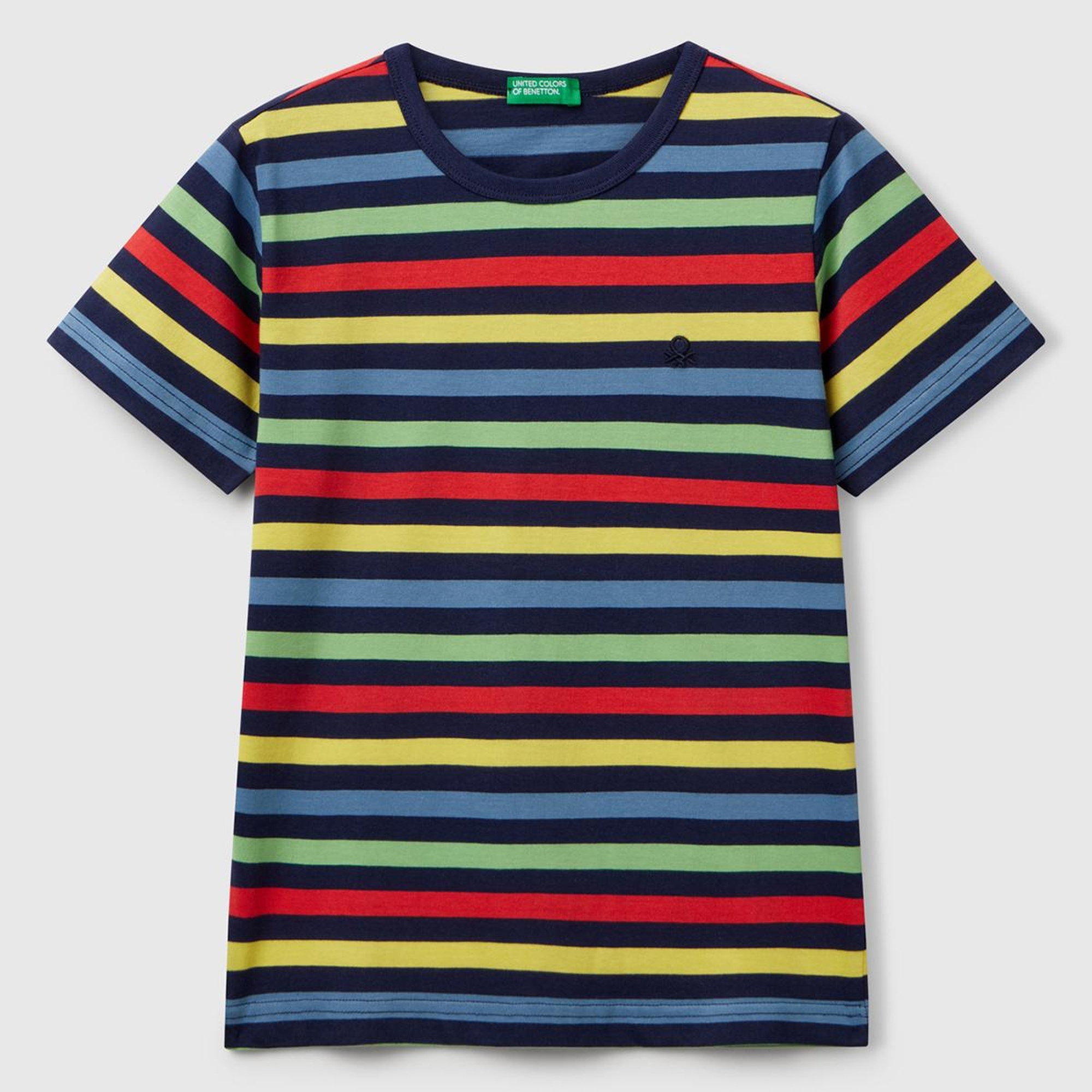 Erkek Çocuk Koyu Renkli Mix Çizgili Önü Logo İşlemeli T-Shirt