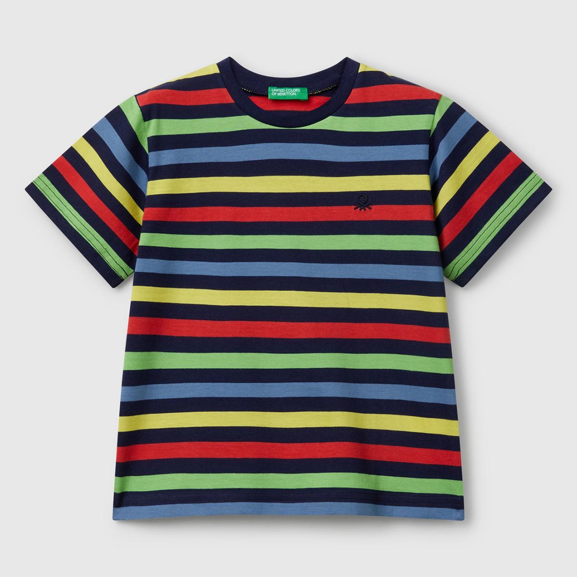 Erkek Çocuk Koyu Renkli Mix Çizgili Önü Logo İşlemeli T-Shirt