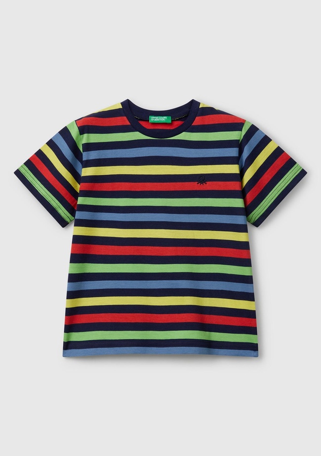  Erkek Çocuk Koyu Renkli Mix Çizgili Önü Logo İşlemeli T-Shirt